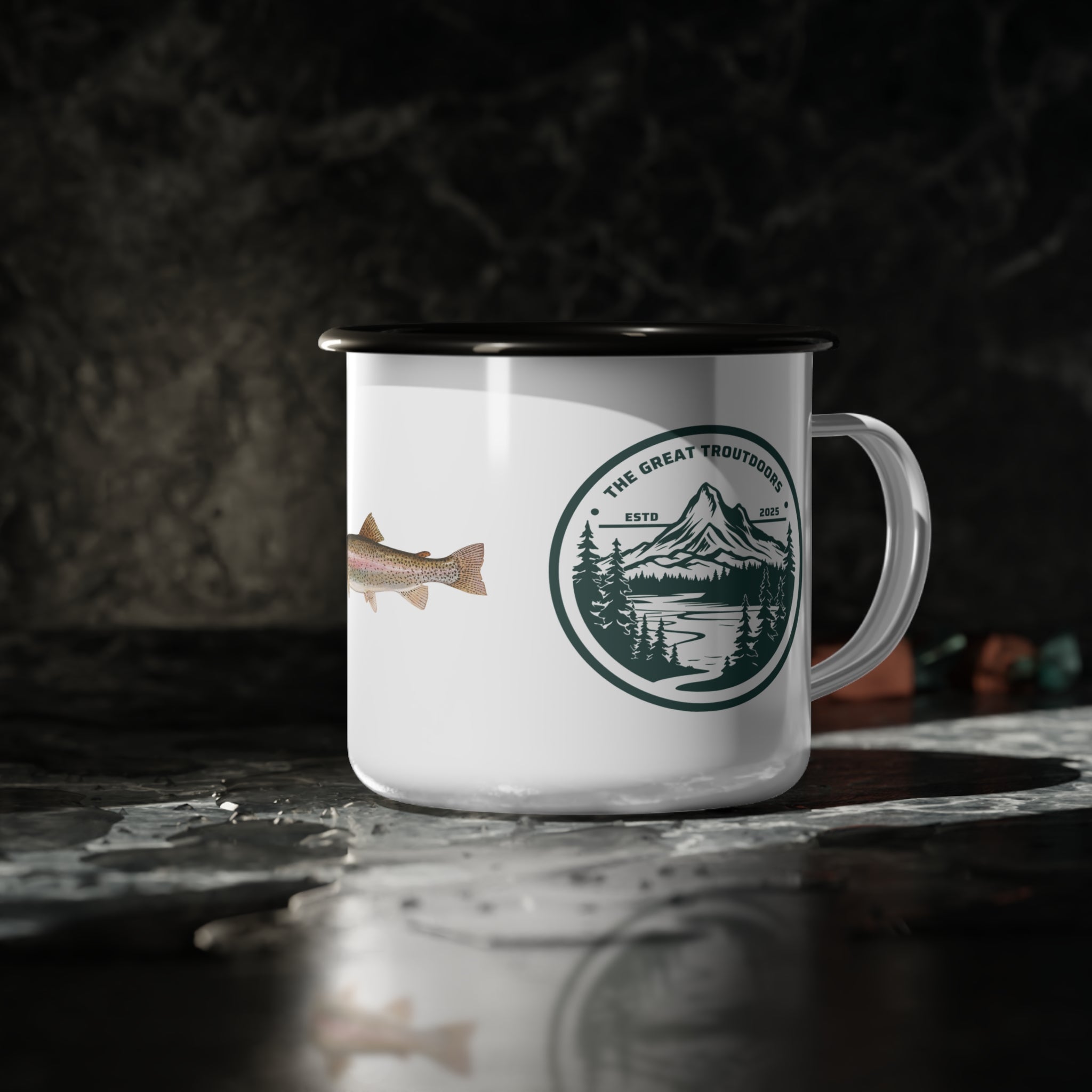 The Great Troutdoors Enamel Camp Cup - Rainbow Trout Edition