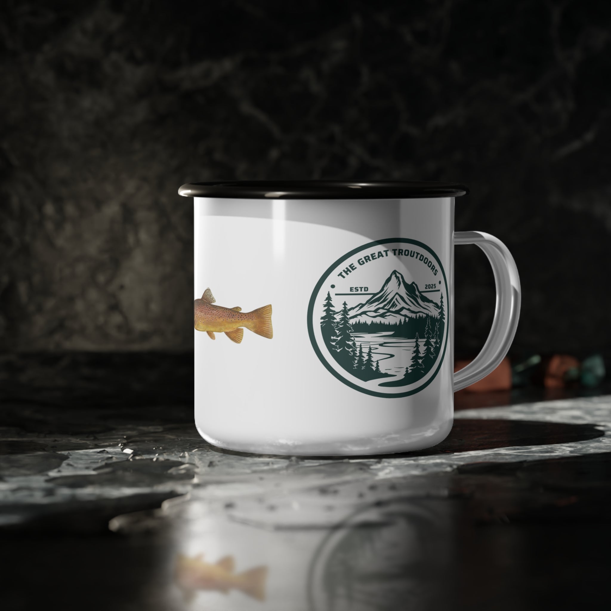 The Great Troutdoors Enamel Camp Cup - Brown Trout Edition